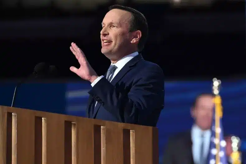 US Senator Chris Murphy (D-CT) speaks on the third day of the Democratic National Convention (DNC) at the United Center in Chicago, Illinois, on August 21, 2024. SAUL LOEB/AFP via Getty Images