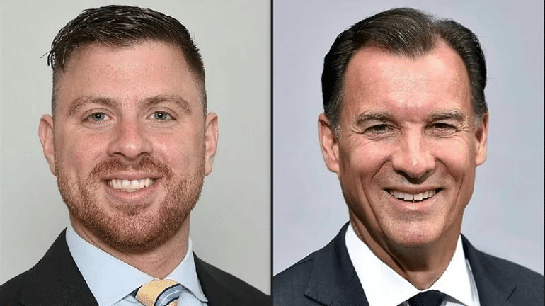 Michael LiPetri, left, the Repoublican candidate for the Third Congressional District of New York, and incumbent Rep. Tom Suozzi (D-Glen Cove). Credit: James Escher