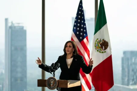 Vice President Kamala Harris speaks in Mexico City on June 8, 2021.Kent Nishimura / Los Angeles Times via Getty Images file