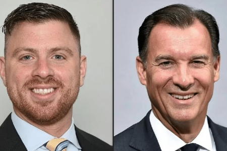 Michael LiPetri, left, the Repoublican candidate for the Third Congressional District of New York, and incumbent Rep. Tom Suozzi (D-Glen Cove). Credit: James Escher